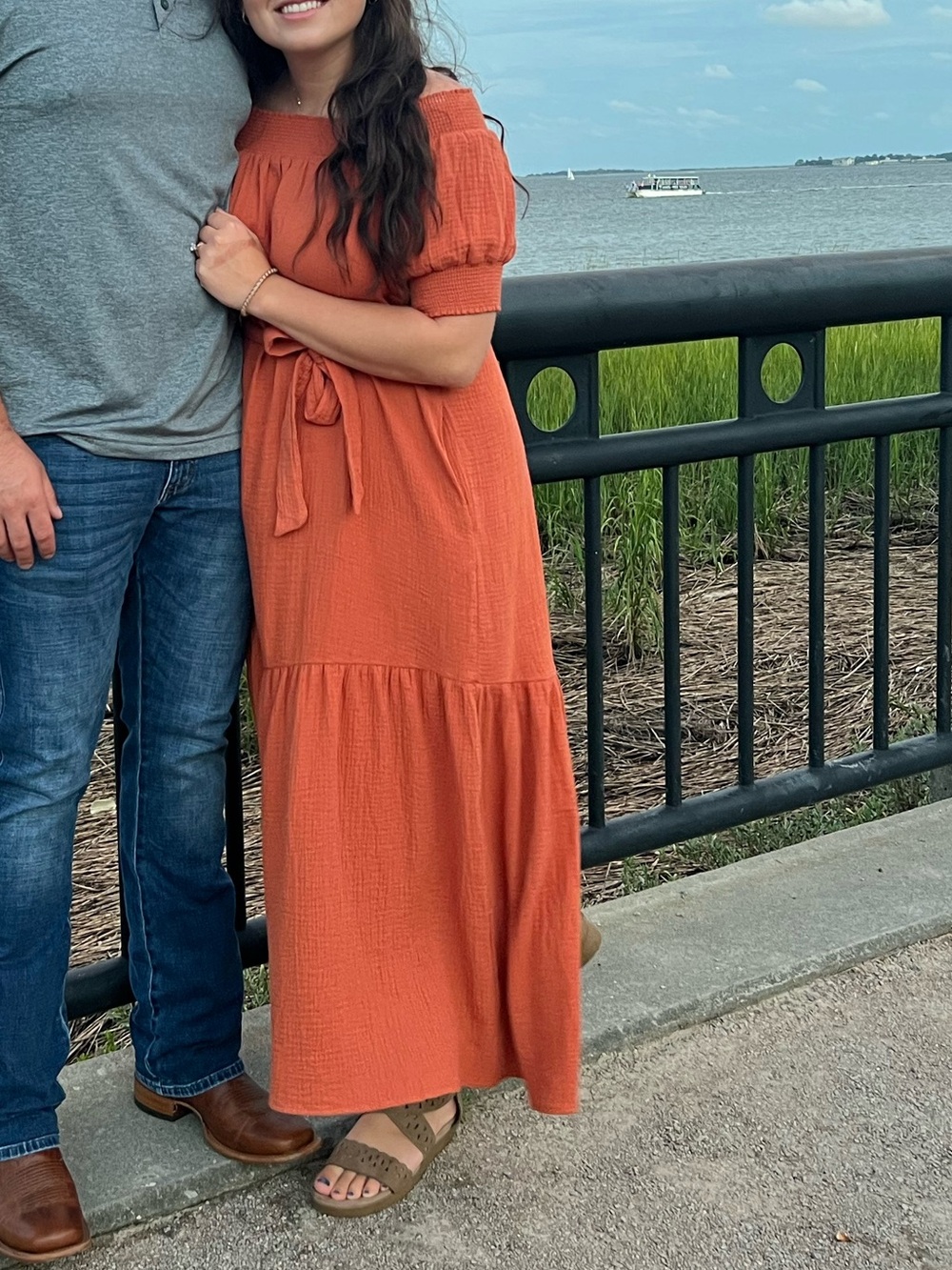 Lulu's Terracotta Orange Off-Shoulder Tie-Waist Maxi Dress
